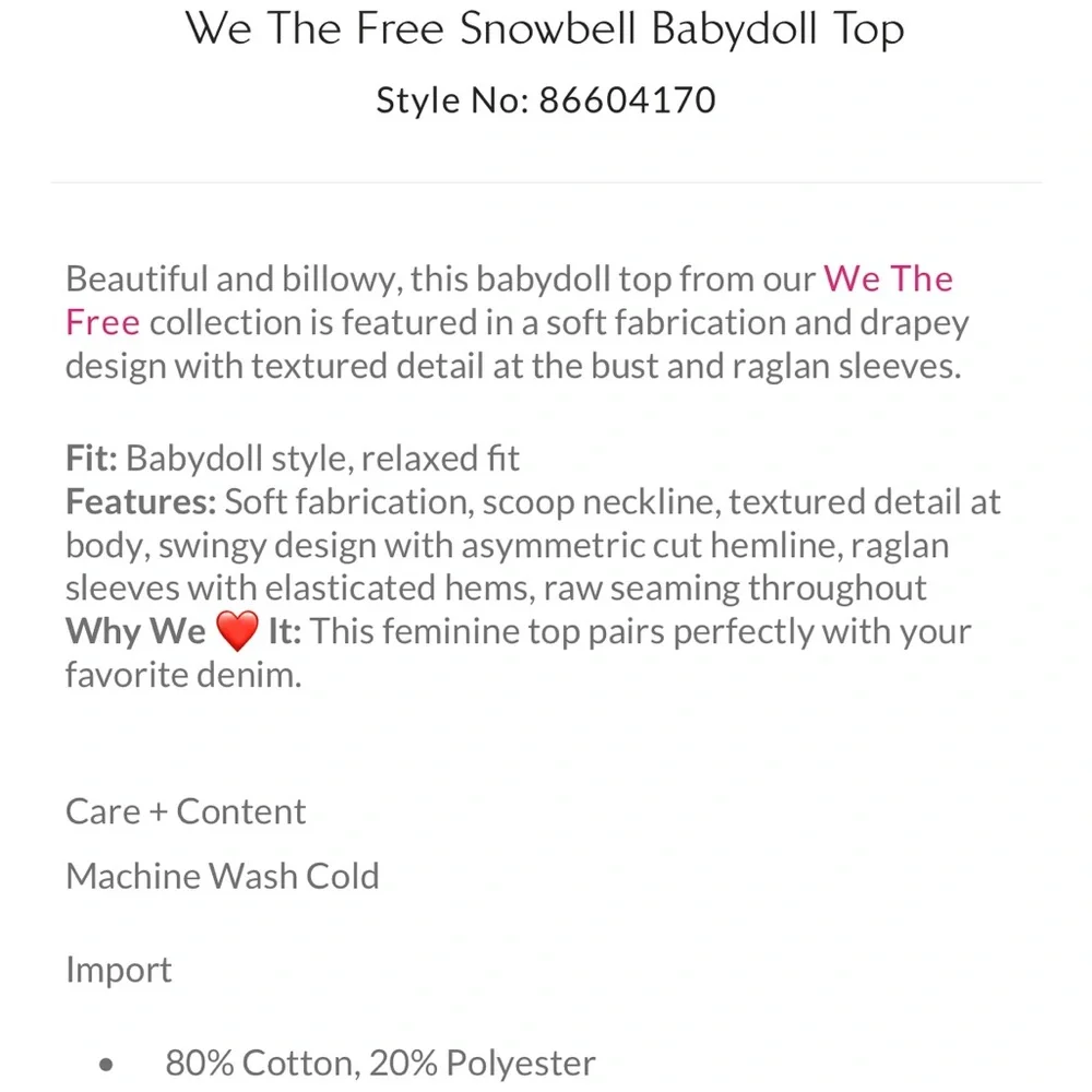 NWOT Free People Snowbell Babydoll Top, XS/S - Picture 6 of 6